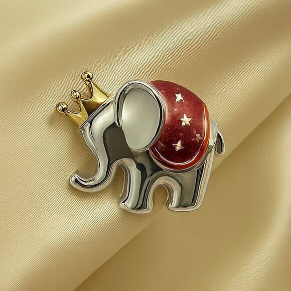 Gold Elephant Brooch with Crown – Regal Animal Pin Jewelry, Gift for Collectors - Picture 1 of 10
